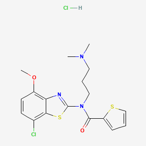molecular formula C18H21Cl2N3O2S2 B2380291 N-(7-chloro-4-methoxybenzo[d]thiazol-2-yl)-N-(3-(dimethylamino)propyl)thiophene-2-carboxamide hydrochloride CAS No. 1215370-10-7
