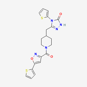 molecular formula C20H19N5O3S2 B2380293 4-(thiophen-2-yl)-3-((1-(5-(thiophen-2-yl)isoxazole-3-carbonyl)piperidin-4-yl)methyl)-1H-1,2,4-triazol-5(4H)-one CAS No. 2034584-62-6