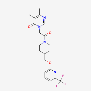 molecular formula C20H23F3N4O3 B2380298 5,6-Dimethyl-3-[2-oxo-2-[4-[[6-(trifluoromethyl)pyridin-2-yl]oxymethyl]piperidin-1-yl]ethyl]pyrimidin-4-one CAS No. 2380010-99-9