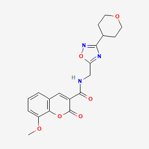 molecular formula C19H19N3O6 B2380368 8-methoxy-2-oxo-N-((3-(tetrahydro-2H-pyran-4-yl)-1,2,4-oxadiazol-5-yl)methyl)-2H-chromene-3-carboxamide CAS No. 2034535-53-8