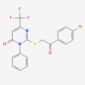molecular formula C19H12BrF3N2O2S B2380379 2-{[2-(4-bromophenyl)-2-oxoethyl]sulfanyl}-3-phenyl-6-(trifluoromethyl)-4(3H)-pyrimidinone CAS No. 692287-52-8