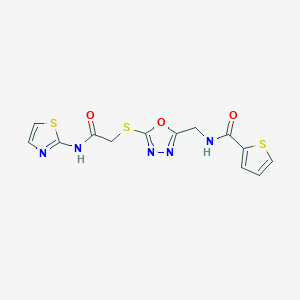 molecular formula C13H11N5O3S3 B2380396 N-((5-((2-oxo-2-(thiazol-2-ylamino)ethyl)thio)-1,3,4-oxadiazol-2-yl)methyl)thiophene-2-carboxamide CAS No. 851861-71-7