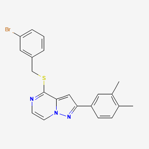 molecular formula C21H18BrN3S B2380402 4-((3-Bromobenzyl)thio)-2-(3,4-dimethylphenyl)pyrazolo[1,5-a]pyrazine CAS No. 1223992-29-7