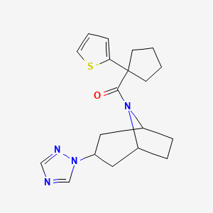 molecular formula C19H24N4OS B2380413 ((1R,5S)-3-(1H-1,2,4-triazol-1-yl)-8-azabicyclo[3.2.1]octan-8-yl)(1-(thiophen-2-yl)cyclopentyl)methanone CAS No. 2320958-45-8