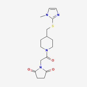 molecular formula C16H22N4O3S B2380426 1-(2-(4-(((1-methyl-1H-imidazol-2-yl)thio)methyl)piperidin-1-yl)-2-oxoethyl)pyrrolidine-2,5-dione CAS No. 1428357-37-2