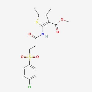 molecular formula C17H18ClNO5S2 B2380476 Methyl 2-[3-(4-chlorophenyl)sulfonylpropanoylamino]-4,5-dimethylthiophene-3-carboxylate CAS No. 896616-96-9