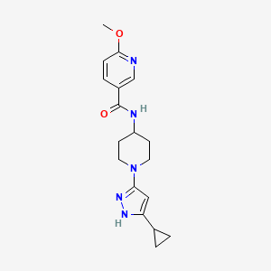 molecular formula C18H23N5O2 B2380480 N-(1-(5-cyclopropyl-1H-pyrazol-3-yl)piperidin-4-yl)-6-methoxynicotinamide CAS No. 2034204-77-6