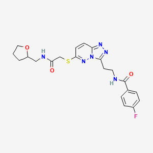 molecular formula C21H23FN6O3S B2380505 4-fluoro-N-(2-(6-((2-oxo-2-(((tetrahydrofuran-2-yl)methyl)amino)ethyl)thio)-[1,2,4]triazolo[4,3-b]pyridazin-3-yl)ethyl)benzamide CAS No. 897758-95-1