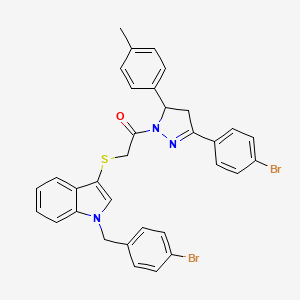 molecular formula C33H27Br2N3OS B2380523 2-((1-(4-bromobenzyl)-1H-indol-3-yl)thio)-1-(3-(4-bromophenyl)-5-(p-tolyl)-4,5-dihydro-1H-pyrazol-1-yl)ethanone CAS No. 681274-49-7