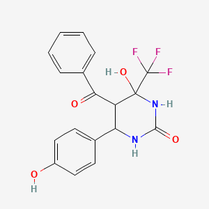 molecular formula C18H15F3N2O4 B2380540 5-Benzoyl-4-hydroxy-6-(4-hydroxyphenyl)-4-(trifluoromethyl)-1,3-diazinan-2-one CAS No. 374561-32-7
