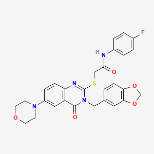 molecular formula C28H25FN4O5S B2380579 2-[3-(1,3-benzodioxol-5-ylmethyl)-6-morpholin-4-yl-4-oxoquinazolin-2-yl]sulfanyl-N-(4-fluorophenyl)acetamide CAS No. 689757-03-7