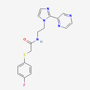molecular formula C17H16FN5OS B2380580 2-((4-fluorophenyl)thio)-N-(2-(2-(pyrazin-2-yl)-1H-imidazol-1-yl)ethyl)acetamide CAS No. 2034450-60-5