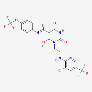molecular formula C20H14ClF6N5O4 B2380607 1-(2-{[3-chloro-5-(trifluoromethyl)-2-pyridinyl]amino}ethyl)-5-{[4-(trifluoromethoxy)anilino]methylene}-2,4,6(1H,3H,5H)-pyrimidinetrione CAS No. 303144-34-5