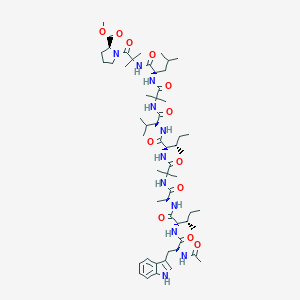 molecular formula C57H91N11O12 B238061 methyl (2S)-1-[2-[[(2S)-2-[[2-[[(2S)-2-[[(2S,3S)-2-[[2-[[(2S)-2-[[(2S,3S)-2-[[(2S)-2-acetamido-3-(1H-indol-3-yl)propanoyl]amino]-3-methylpentanoyl]amino]propanoyl]amino]-2-methylpropanoyl]amino]-3-methylpentanoyl]amino]-3-methylbutanoyl]amino]-2-methylpropanoyl]amino]-4-methylpentanoyl]amino]-2-methylpropanoyl]pyrrolidine-2-carboxylate CAS No. 130517-75-8