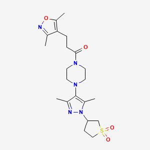 molecular formula C21H31N5O4S B2380652 3-(3,5-dimethylisoxazol-4-yl)-1-(4-(1-(1,1-dioxidotetrahydrothiophen-3-yl)-3,5-dimethyl-1H-pyrazol-4-yl)piperazin-1-yl)propan-1-one CAS No. 1334375-40-4