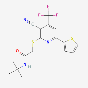 molecular formula C17H16F3N3OS2 B2380657 N-tert-butyl-2-[3-cyano-6-thiophen-2-yl-4-(trifluoromethyl)pyridin-2-yl]sulfanylacetamide CAS No. 625375-28-2