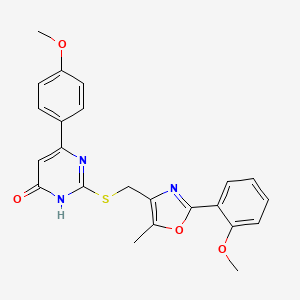 molecular formula C23H21N3O4S B2380685 6-(4-methoxyphenyl)-2-(((2-(2-methoxyphenyl)-5-methyloxazol-4-yl)methyl)thio)pyrimidin-4(3H)-one CAS No. 1105216-09-8