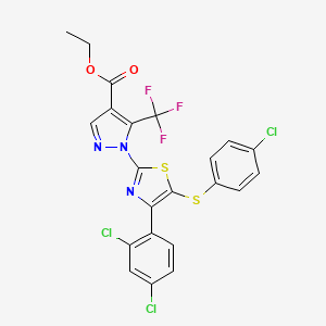 molecular formula C22H13Cl3F3N3O2S2 B2380687 ethyl 1-[5-[(4-chlorophenyl)sulfanyl]-4-(2,4-dichlorophenyl)-1,3-thiazol-2-yl]-5-(trifluoromethyl)-1H-pyrazole-4-carboxylate CAS No. 956357-74-7