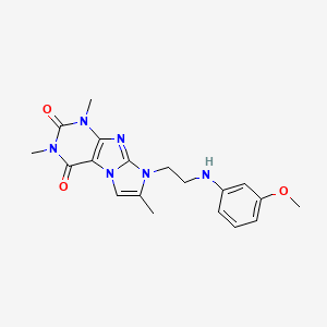 molecular formula C19H22N6O3 B2380688 8-(2-((3-methoxyphenyl)amino)ethyl)-1,3,7-trimethyl-1H-imidazo[2,1-f]purine-2,4(3H,8H)-dione CAS No. 923152-13-0