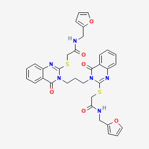 molecular formula C33H30N6O6S2 B2380704 2,2'-((3,3'-(propane-1,3-diyl)bis(4-oxo-3,4-dihydroquinazoline-3,2-diyl))bis(sulfanediyl))bis(N-(furan-2-ylmethyl)acetamide) CAS No. 689771-69-5