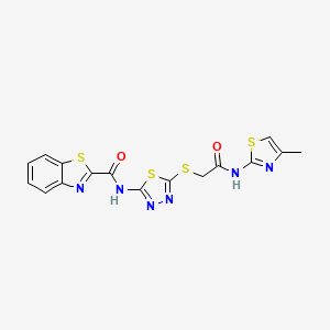 molecular formula C16H12N6O2S4 B2380713 N-(5-((2-((4-methylthiazol-2-yl)amino)-2-oxoethyl)thio)-1,3,4-thiadiazol-2-yl)benzo[d]thiazole-2-carboxamide CAS No. 1226447-62-6