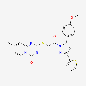 molecular formula C24H21N5O3S2 B2380726 2-[2-[3-(4-甲氧基苯基)-5-噻吩-2-基-3,4-二氢吡唑-2-基]-2-氧代乙烯基]-硫代-8-甲基-吡啶并[1,2-a][1,3,5]三嗪-4-酮 CAS No. 896332-79-9