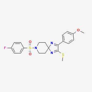 molecular formula C21H22FN3O3S2 B2380788 8-((4-Fluorophenyl)sulfonyl)-2-(4-methoxyphenyl)-3-(methylthio)-1,4,8-triazaspiro[4.5]deca-1,3-diene CAS No. 894926-17-1