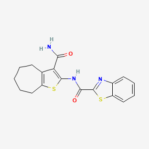 molecular formula C18H17N3O2S2 B2380822 N-(3-carbamoyl-5,6,7,8-tetrahydro-4H-cyclohepta[b]thiophen-2-yl)benzo[d]thiazole-2-carboxamide CAS No. 477539-26-7