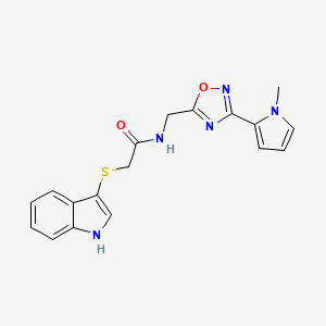 molecular formula C18H17N5O2S B2380836 2-((1H-indol-3-yl)thio)-N-((3-(1-methyl-1H-pyrrol-2-yl)-1,2,4-oxadiazol-5-yl)methyl)acetamide CAS No. 2034508-81-9