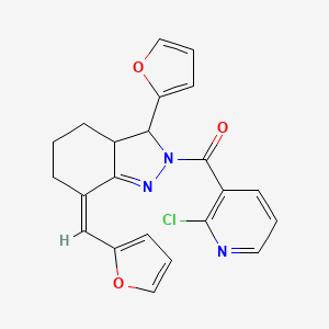 molecular formula C22H18ClN3O3 B2380843 (2-Chloropyridin-3-yl)-[(7Z)-3-(furan-2-yl)-7-(furan-2-ylmethylidene)-3a,4,5,6-tetrahydro-3H-indazol-2-yl]methanone CAS No. 326024-09-3