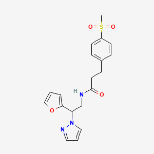 molecular formula C19H21N3O4S B2380845 N-(2-(呋喃-2-基)-2-(1H-吡唑-1-基)乙基)-3-(4-(甲磺酰)苯基)丙酰胺 CAS No. 2034275-93-7