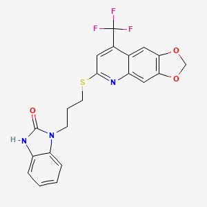 molecular formula C21H16F3N3O3S B2380864 3-[3-[[8-(trifluoromethyl)-[1,3]dioxolo[4,5-g]quinolin-6-yl]sulfanyl]propyl]-1H-benzimidazol-2-one CAS No. 852696-81-2