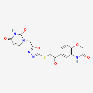 molecular formula C17H13N5O6S B2380883 1-((5-((2-oxo-2-(3-oxo-3,4-dihydro-2H-benzo[b][1,4]oxazin-6-yl)ethyl)thio)-1,3,4-oxadiazol-2-yl)methyl)pyrimidine-2,4(1H,3H)-dione CAS No. 1091392-41-4
