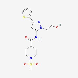 molecular formula C16H22N4O4S2 B2380899 N-(1-(2-羟乙基)-3-(噻吩-2-基)-1H-吡唑-5-基)-1-(甲磺酰基)哌啶-4-甲酰胺 CAS No. 1219913-34-4