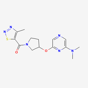 molecular formula C14H18N6O2S B2380912 (3-((6-(二甲氨基)吡嗪-2-基)氧代)吡咯烷-1-基)(4-甲基-1,2,3-噻二唑-5-基)甲酮 CAS No. 2034286-68-3