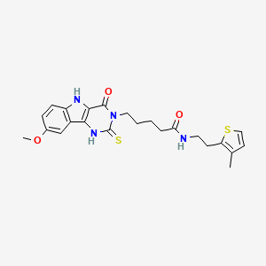 molecular formula C23H26N4O3S2 B2380960 5-(8-methoxy-4-oxo-2-sulfanylidene-1,5-dihydropyrimido[5,4-b]indol-3-yl)-N-[2-(3-methylthiophen-2-yl)ethyl]pentanamide CAS No. 866870-40-8