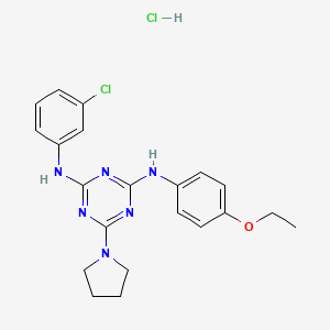 molecular formula C21H24Cl2N6O B2381029 N2-(3-chlorophenyl)-N4-(4-ethoxyphenyl)-6-(pyrrolidin-1-yl)-1,3,5-triazine-2,4-diamine hydrochloride CAS No. 1179483-93-2