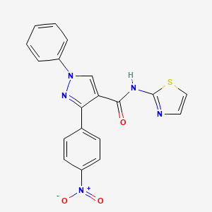 molecular formula C19H13N5O3S B2381100 3-(4-nitrophenyl)-1-phenyl-N-(thiazol-2-yl)-1H-pyrazole-4-carboxamide CAS No. 882229-02-9