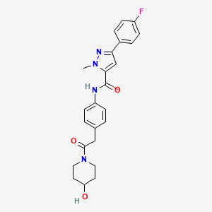 molecular formula C24H25FN4O3 B2381117 3-(4-fluorophenyl)-N-(4-(2-(4-hydroxypiperidin-1-yl)-2-oxoethyl)phenyl)-1-methyl-1H-pyrazole-5-carboxamide CAS No. 1396860-48-2