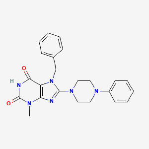 molecular formula C23H24N6O2 B2381125 7-benzyl-3-methyl-8-(4-phenylpiperazin-1-yl)-1H-purine-2,6(3H,7H)-dione CAS No. 361174-97-2