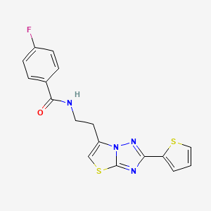 molecular formula C17H13FN4OS2 B2381160 4-氟-N-(2-(2-(噻吩-2-基)噻唑并[3,2-b][1,2,4]三唑-6-基)乙基)苯甲酰胺 CAS No. 946251-94-1