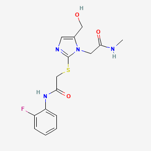 molecular formula C15H17FN4O3S B2381170 N-(2-氟苯基)-2-((5-(羟甲基)-1-(2-(甲基氨基)-2-氧代乙基)-1H-咪唑-2-基)硫代)乙酰胺 CAS No. 921865-72-7