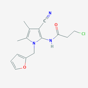 molecular formula C15H16ClN3O2 B2381224 3-氯代-N-[3-氰基-1-(2-呋喃基甲基)-4,5-二甲基-1H-吡咯-2-基]丙酰胺 CAS No. 923700-31-6
