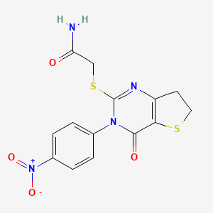 molecular formula C14H12N4O4S2 B2381229 2-((3-(4-Nitrophenyl)-4-oxo-3,4,6,7-tetrahydrothieno[3,2-d]pyrimidin-2-yl)thio)acetamide CAS No. 687568-69-0