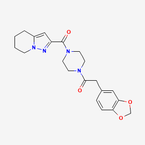 molecular formula C21H24N4O4 B2381242 2-(Benzo[d][1,3]dioxol-5-yl)-1-(4-(4,5,6,7-tetrahydropyrazolo[1,5-a]pyridine-2-carbonyl)piperazin-1-yl)ethanone CAS No. 2034543-00-3