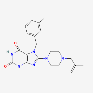 molecular formula C22H28N6O2 B2381250 3-甲基-7-[(3-甲基苯基)甲基]-8-[4-(2-甲基丙-2-烯基)哌嗪-1-基]嘌呤-2,6-二酮 CAS No. 887030-25-3