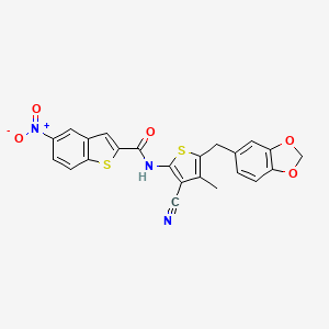 molecular formula C23H15N3O5S2 B2381256 N-(5-(苯并[d][1,3]二氧杂环-5-基甲基)-3-氰基-4-甲硫代苯并[2,1-b]噻吩-2-基)-5-硝基苯并[b]噻吩-2-甲酰胺 CAS No. 476367-97-2