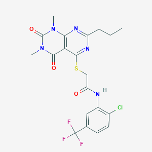 molecular formula C20H19ClF3N5O3S B2381268 N-(2-chloro-5-(trifluoromethyl)phenyl)-2-((6,8-dimethyl-5,7-dioxo-2-propyl-5,6,7,8-tetrahydropyrimido[4,5-d]pyrimidin-4-yl)thio)acetamide CAS No. 852171-36-9