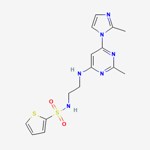molecular formula C15H18N6O2S2 B2381292 N-(2-((2-甲基-6-(2-甲基-1H-咪唑-1-基)嘧啶-4-基)氨基)乙基)噻吩-2-磺酰胺 CAS No. 1171632-57-7