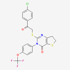 molecular formula C21H14ClF3N2O3S2 B2381325 2-((2-(4-chlorophenyl)-2-oxoethyl)thio)-3-(4-(trifluoromethoxy)phenyl)-6,7-dihydrothieno[3,2-d]pyrimidin-4(3H)-one CAS No. 877654-75-6